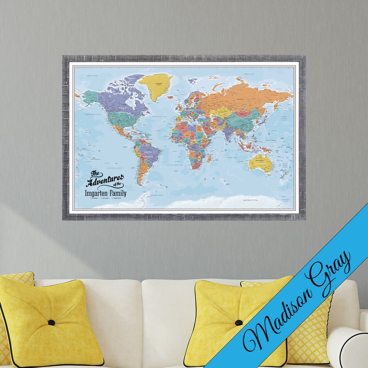 Canvas Blue Oceans World Map With Pins In Premium Madison Gray Frame