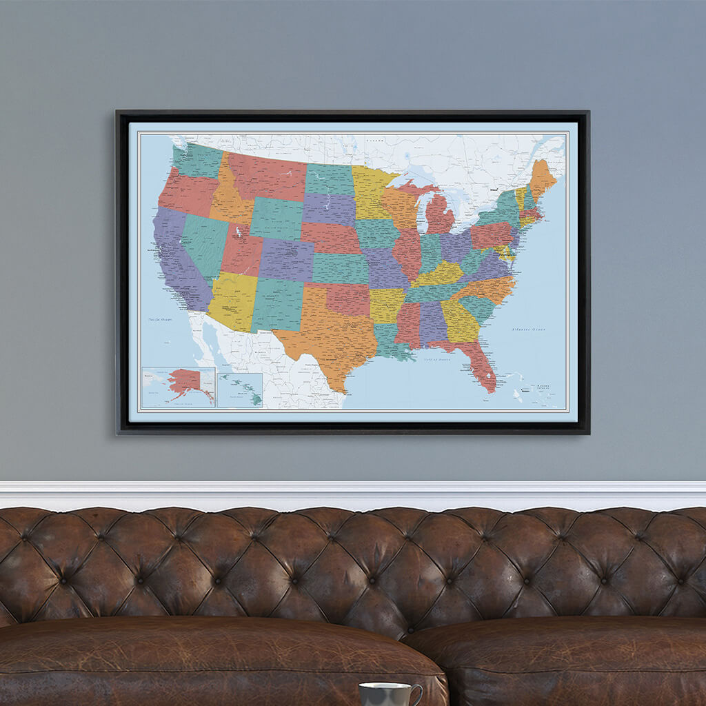 Black Float Frame -24x36 Gallery Wrapped Blue Oceans USA Map