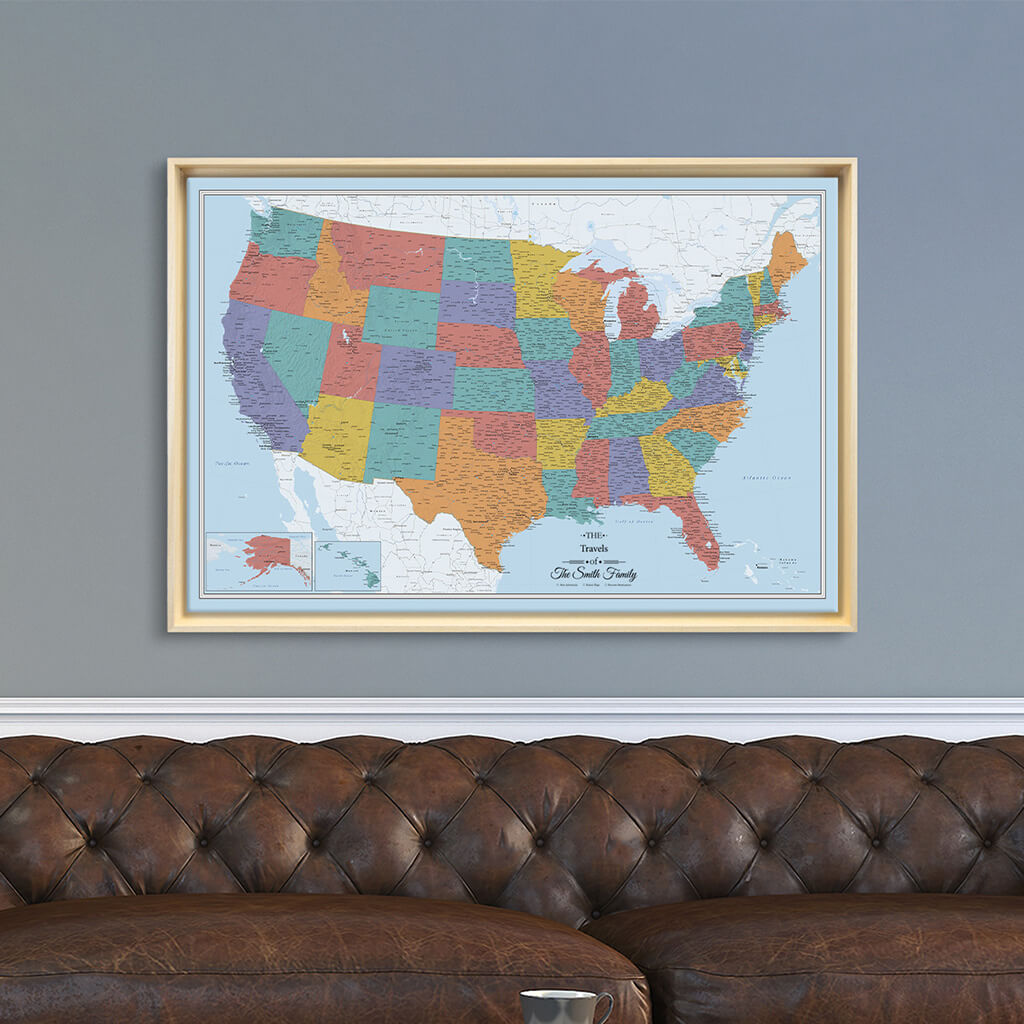 Natural Tan Float Frame -24x36 Gallery Wrapped Blue Oceans USA Map