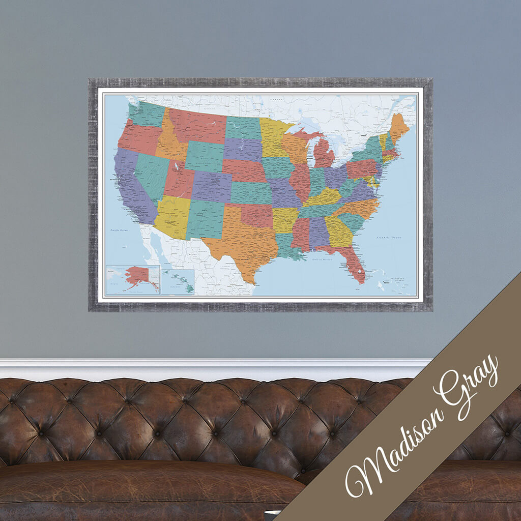 Canvas Push Pin Map - Blue Oceans USA in Premium Madison Gray Frame