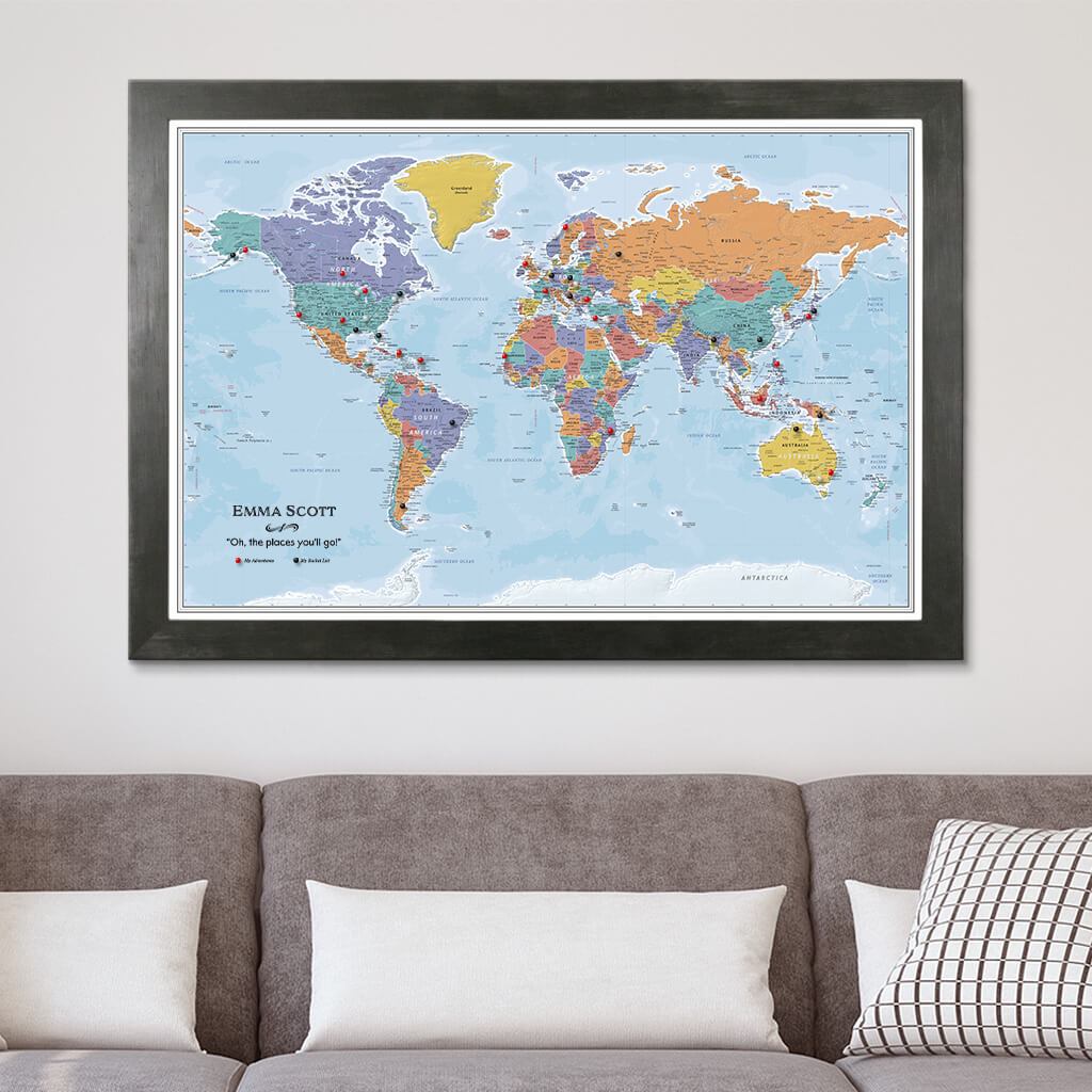 Blue Oceans World Map on Canvas in Rustic Black Frame