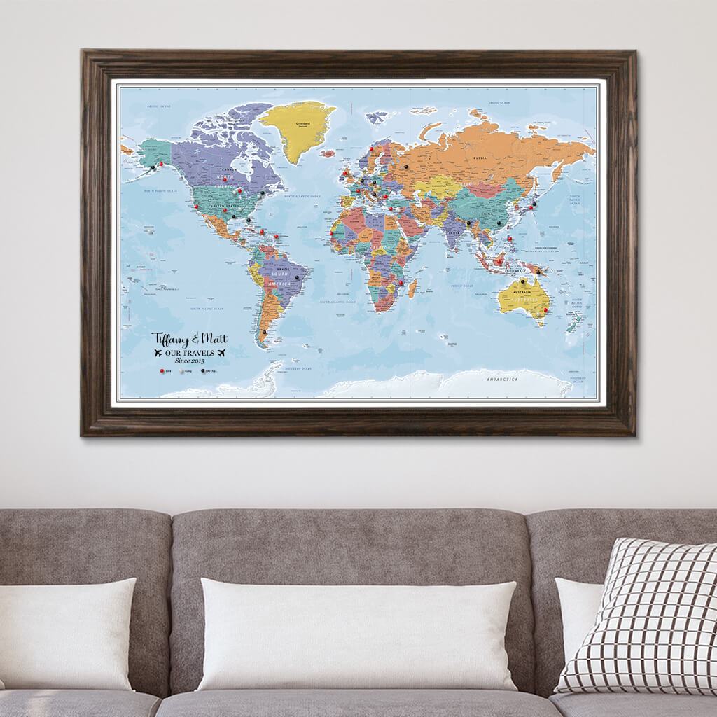 Blue Oceans World Map on Canvas in Solid Wood Brown Frame