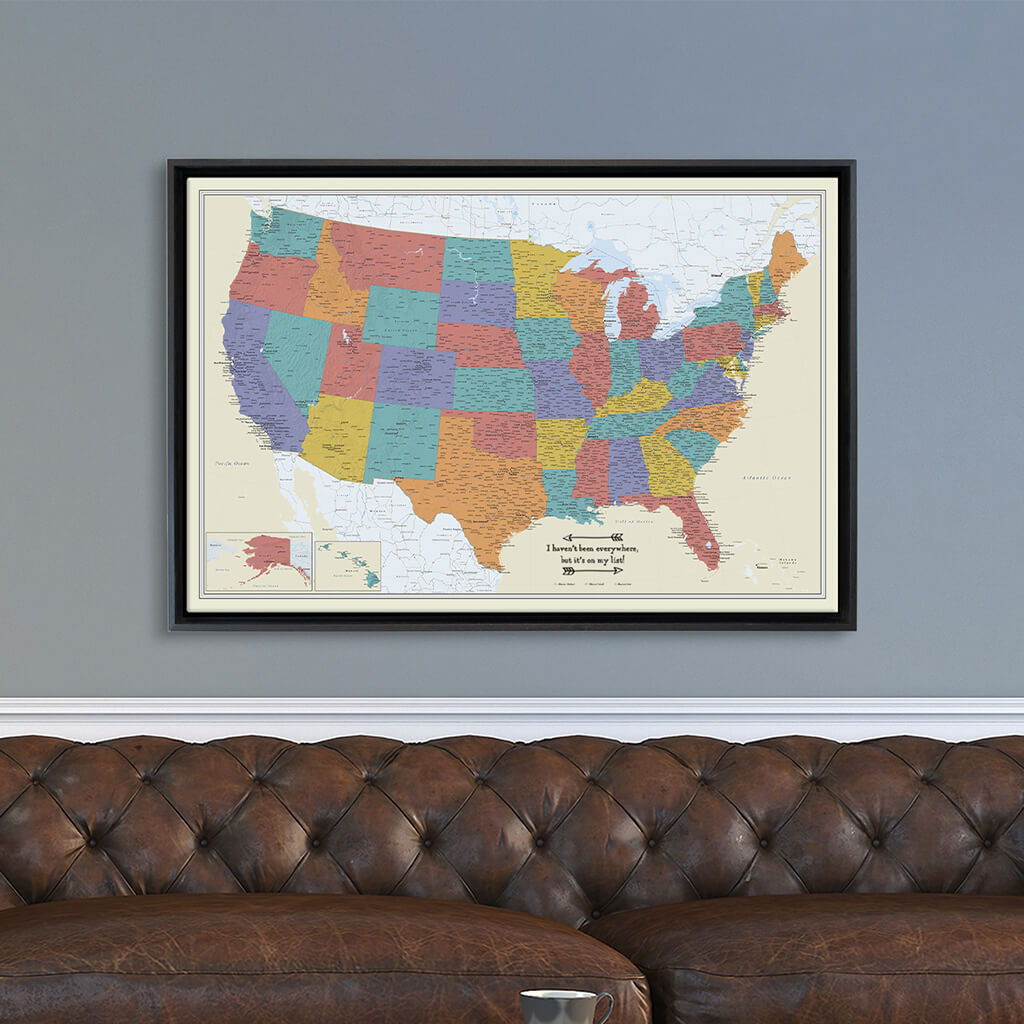 Black Float Frame - 24x36 Gallery Wrapped Canvas Tan Oceans USA map