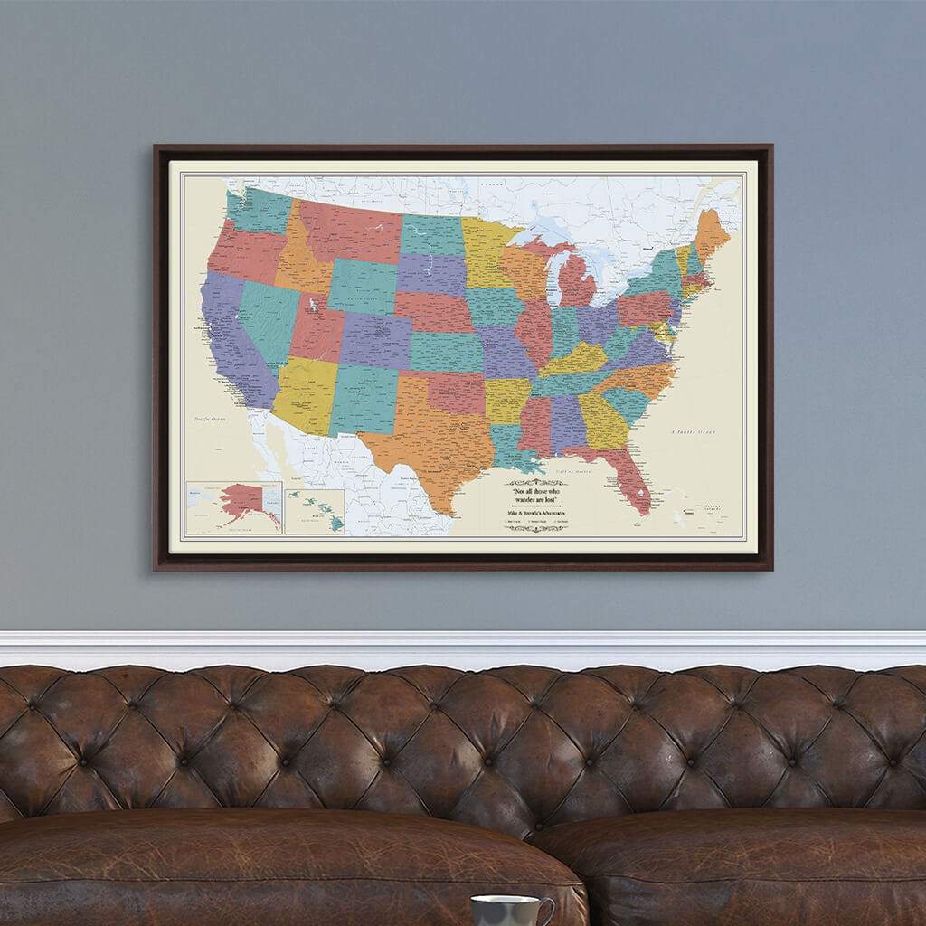 Brown Float Frame -24x36 Gallery Wrapped Canvas Tan Oceans USA map