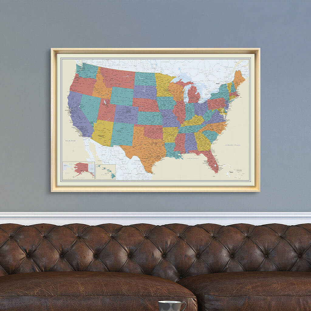 Natural Tan Float Frame -24x36 Gallery Wrapped Canvas Tan Oceans USA map