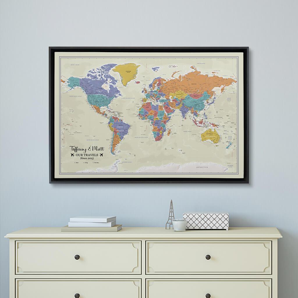 Black Float Frame - 24x36 Gallery Wrapped Tan Oceans World Map