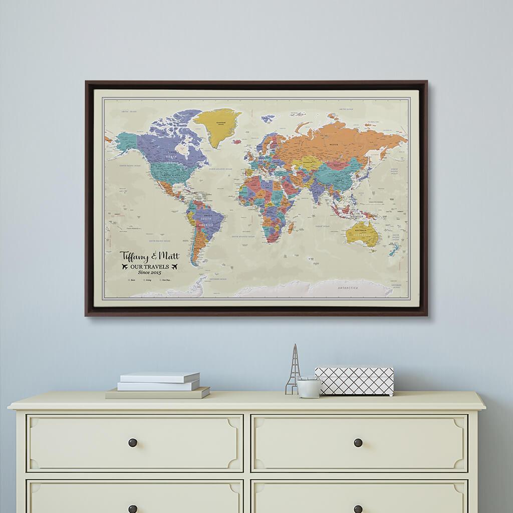 Brown Float Frame - 24x36 Gallery Wrapped Tan Oceans World Map