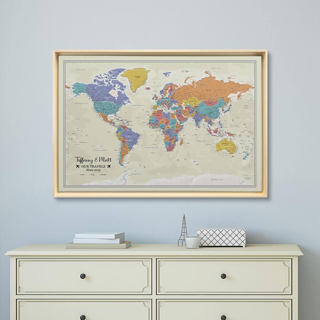 Natural Tan Float Frame - 24x36 Gallery Wrapped Tan Oceans World Map