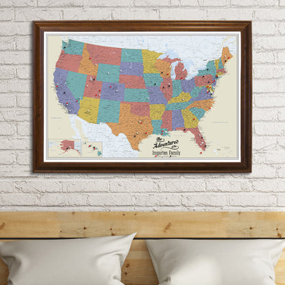 Canvas Tan Oceans USA Travelers Map in Brown Frame