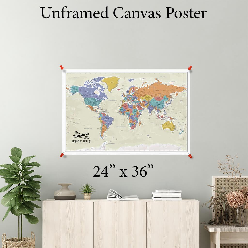 Tan Ocean World Canvas Poster Map 24 x 36