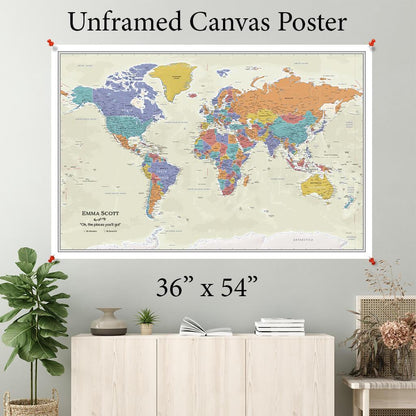 Tan Ocean World Canvas Poster Map 36 x 54