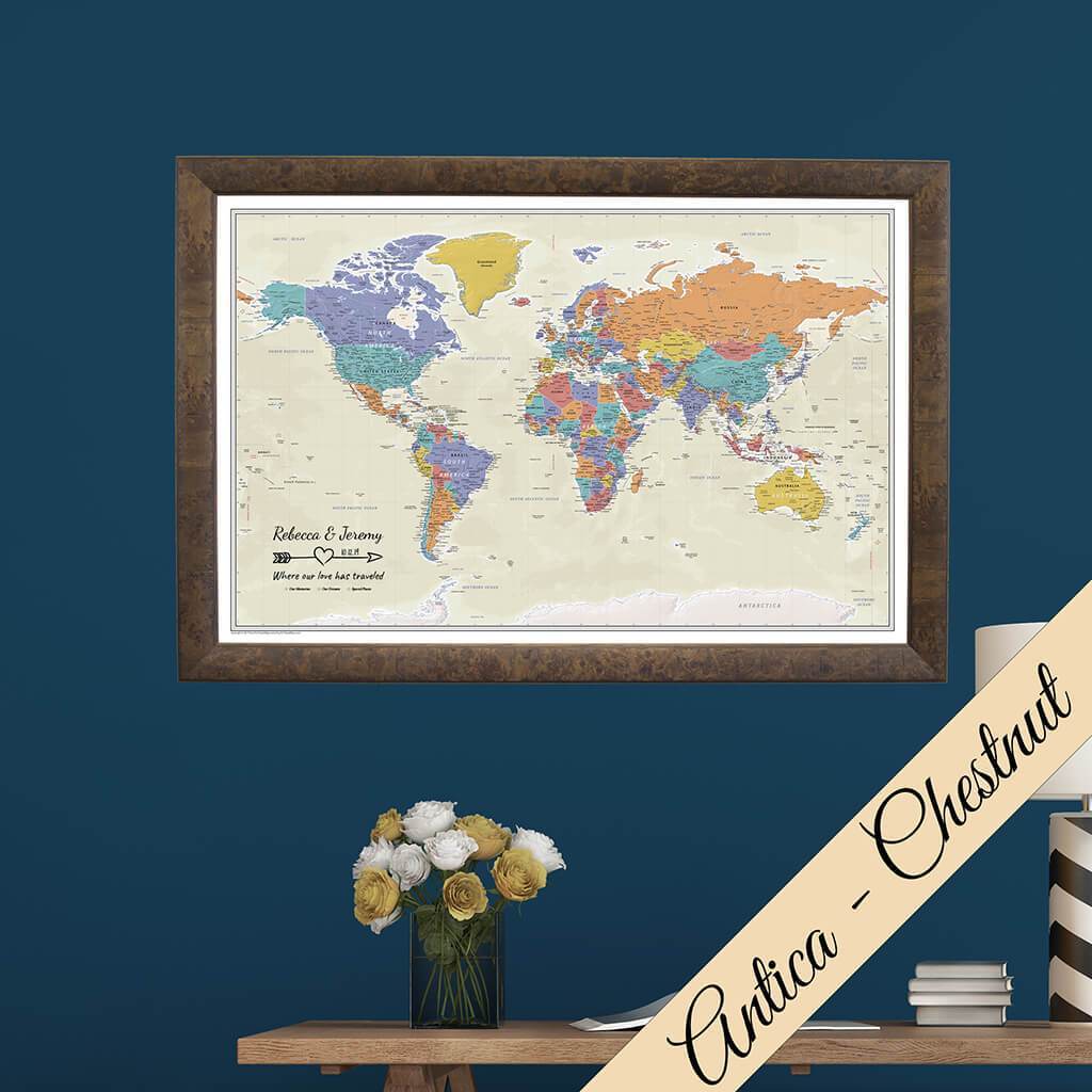 Canvas Tan Oceans World Map in Antica Chestnut Frame