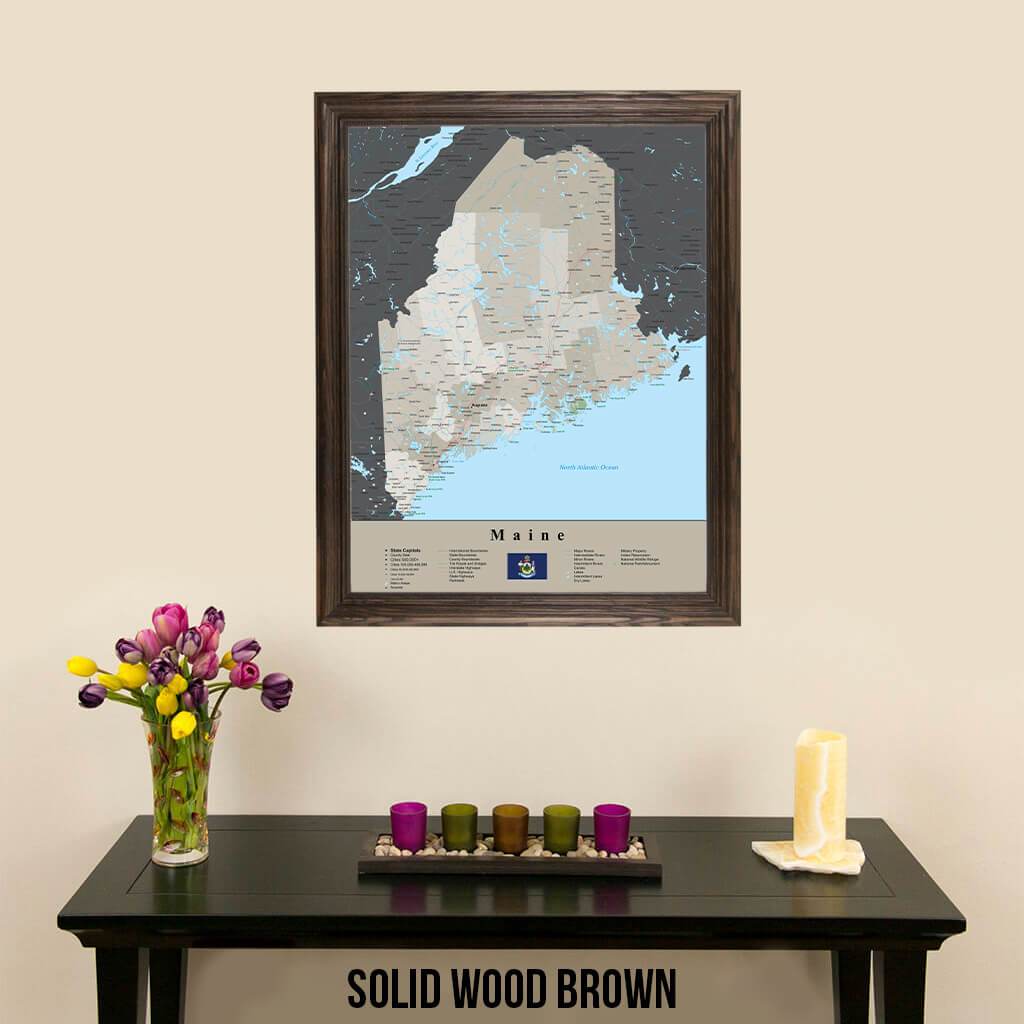 Earth Toned Maine Travel Pin Map Solid Wood Brown Frame