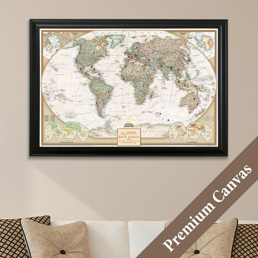 Executive World Push Pin Travel Map on Canvas