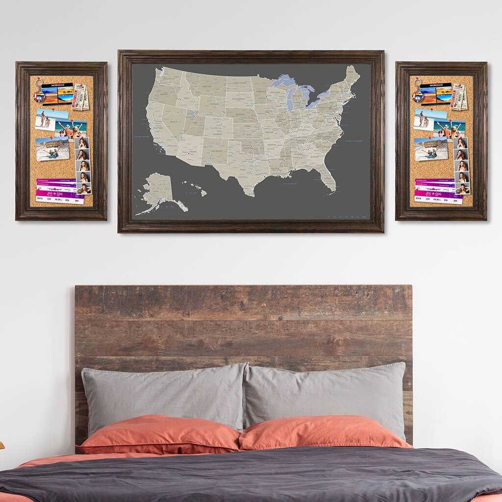 Memo Boards in Solid Wood Brown Frame with Earth Toned US Map