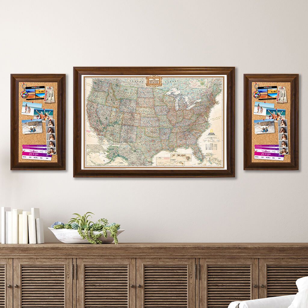 Memo Board in Brown Frame with Executive US Map