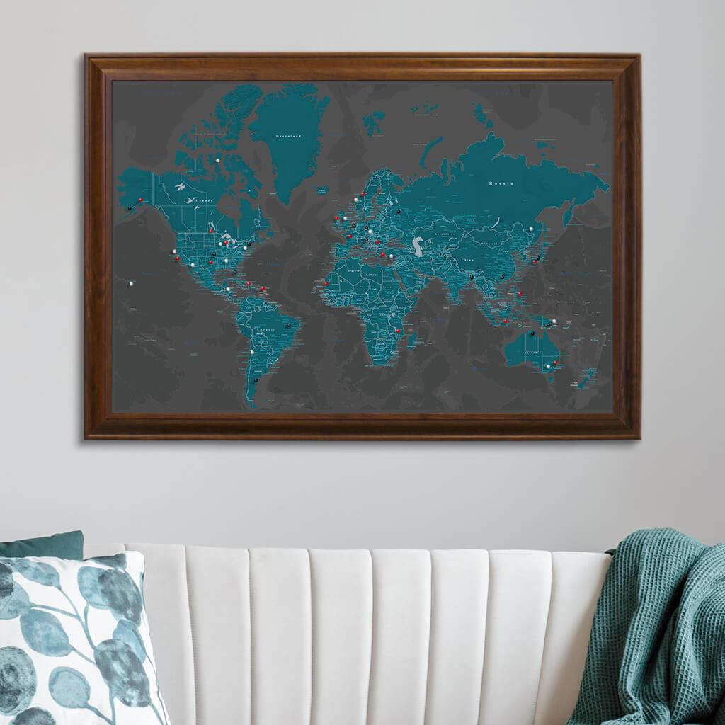 Canvas Midnight Dream Push Pin Travel Map in Brown Frame