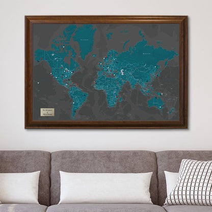 Midnight Dream World Push Pin Map  Brown Frame