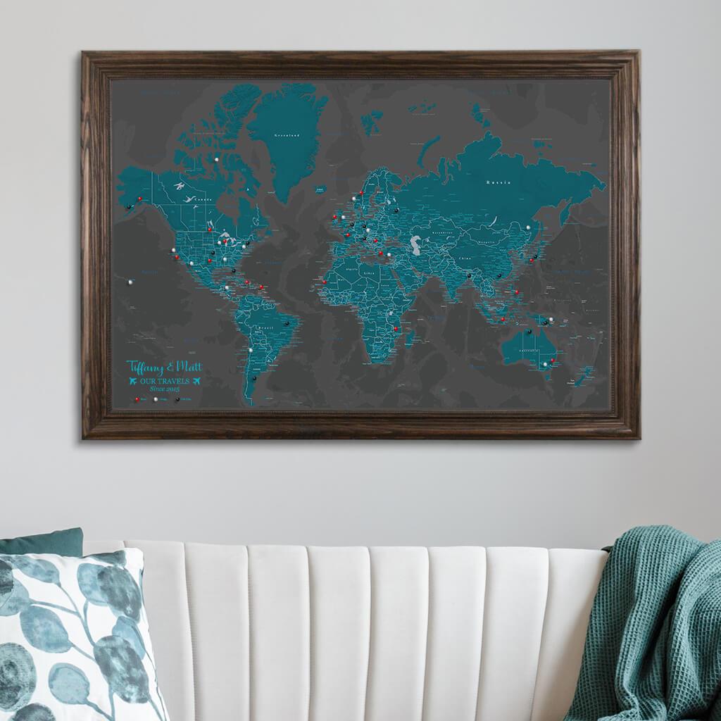 Canvas Midnight Dream Push Pin Travel Map in Solid Wood Brown Frame