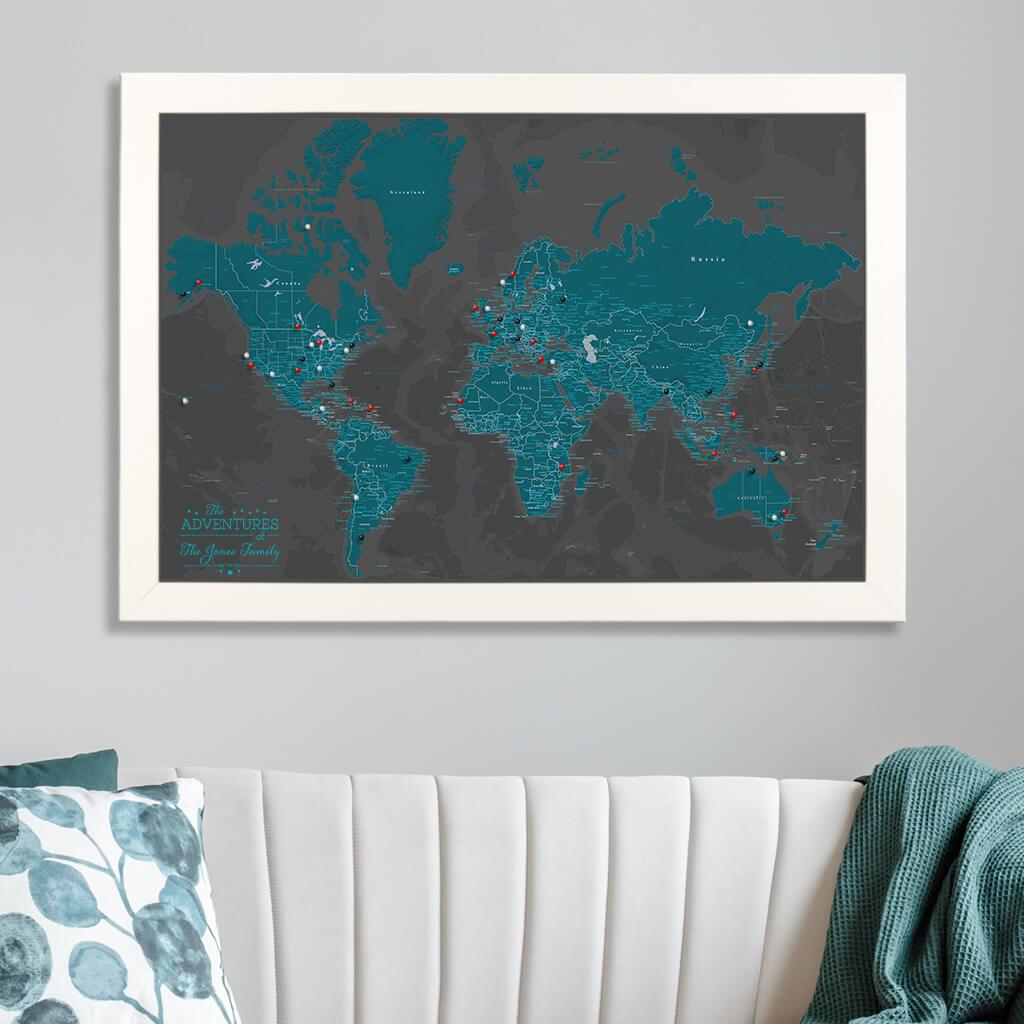 Canvas Midnight Dream Push Pin Travel Map in Modern Textured White Frame