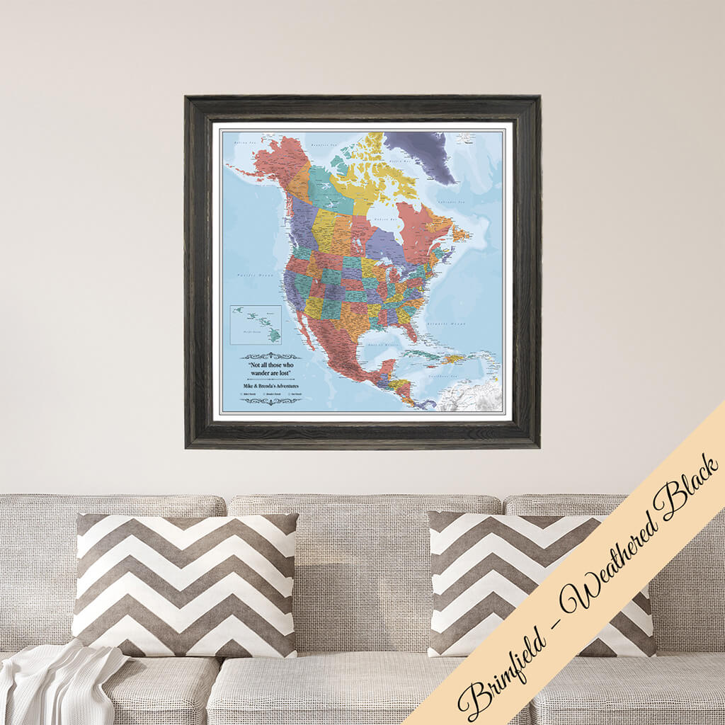 Framed Canvas Blue Oceans North America Map in Brimfield Weathered Black Frame