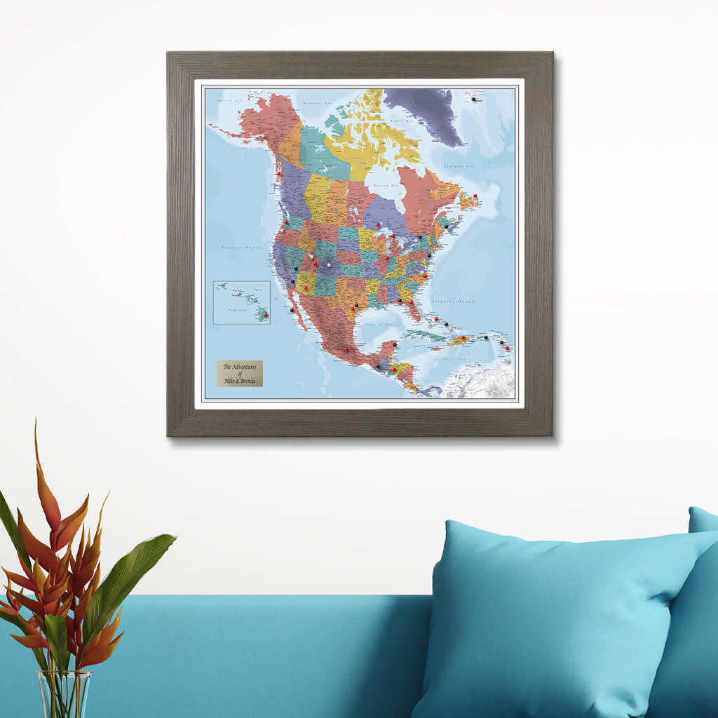 Blue Oceans North America Map with Barnwood Gray Frame