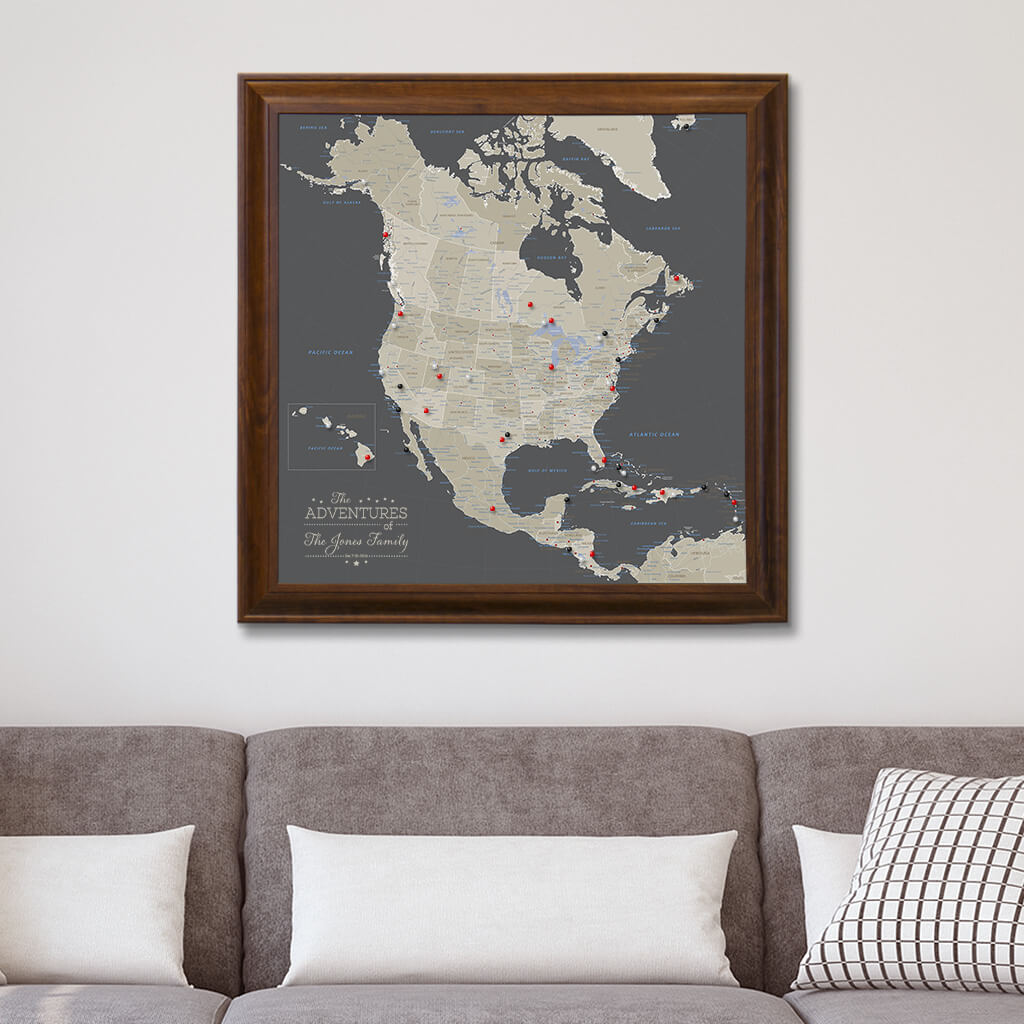 Canvas Earth Toned North America Map in Brown Frame