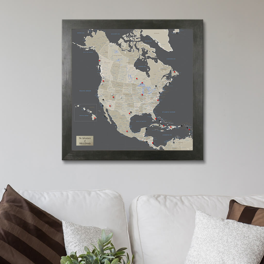 Earth Toned North America Map with with Rustic Black Frame
