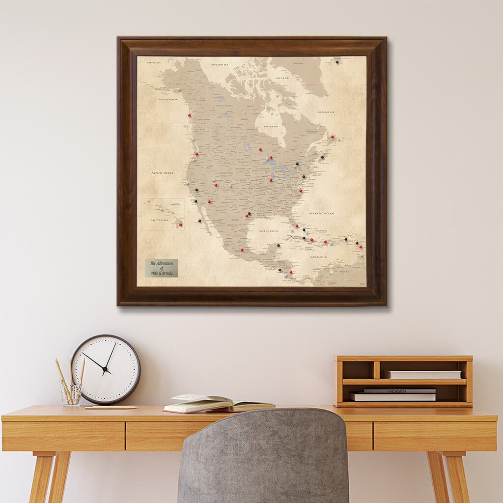 Framed Vintage North America Wall Map - Brown Frame