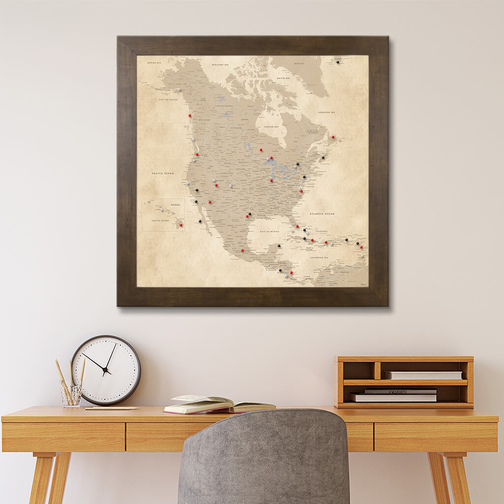 Framed Vintage North America Wall Map - Rustic Brown