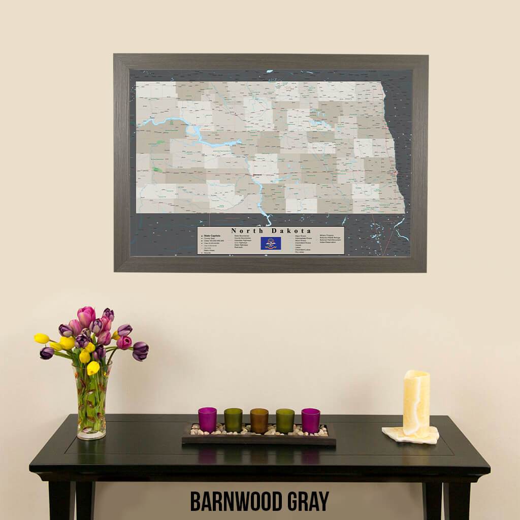 Earth Toned North Dakota Pin Travel Map Barnwood Gray Frame