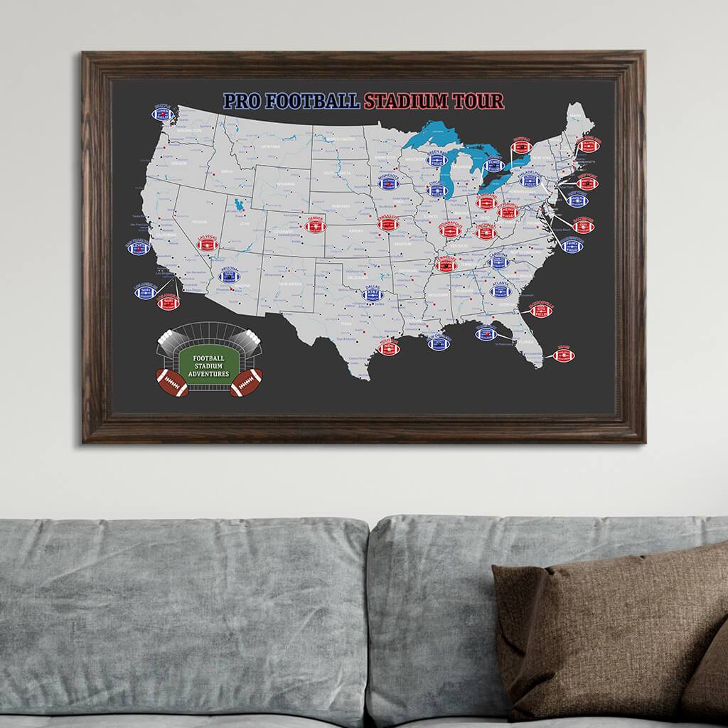 Black and Gray Canvas Map Print of Football Stadiums in Solid Wood Brown Frame