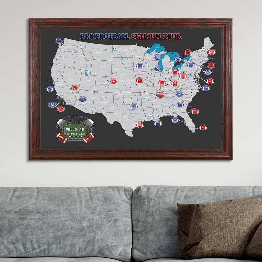Black and Gray Canvas Map Print of Football Stadiums in Solid Wood Cherry Frame