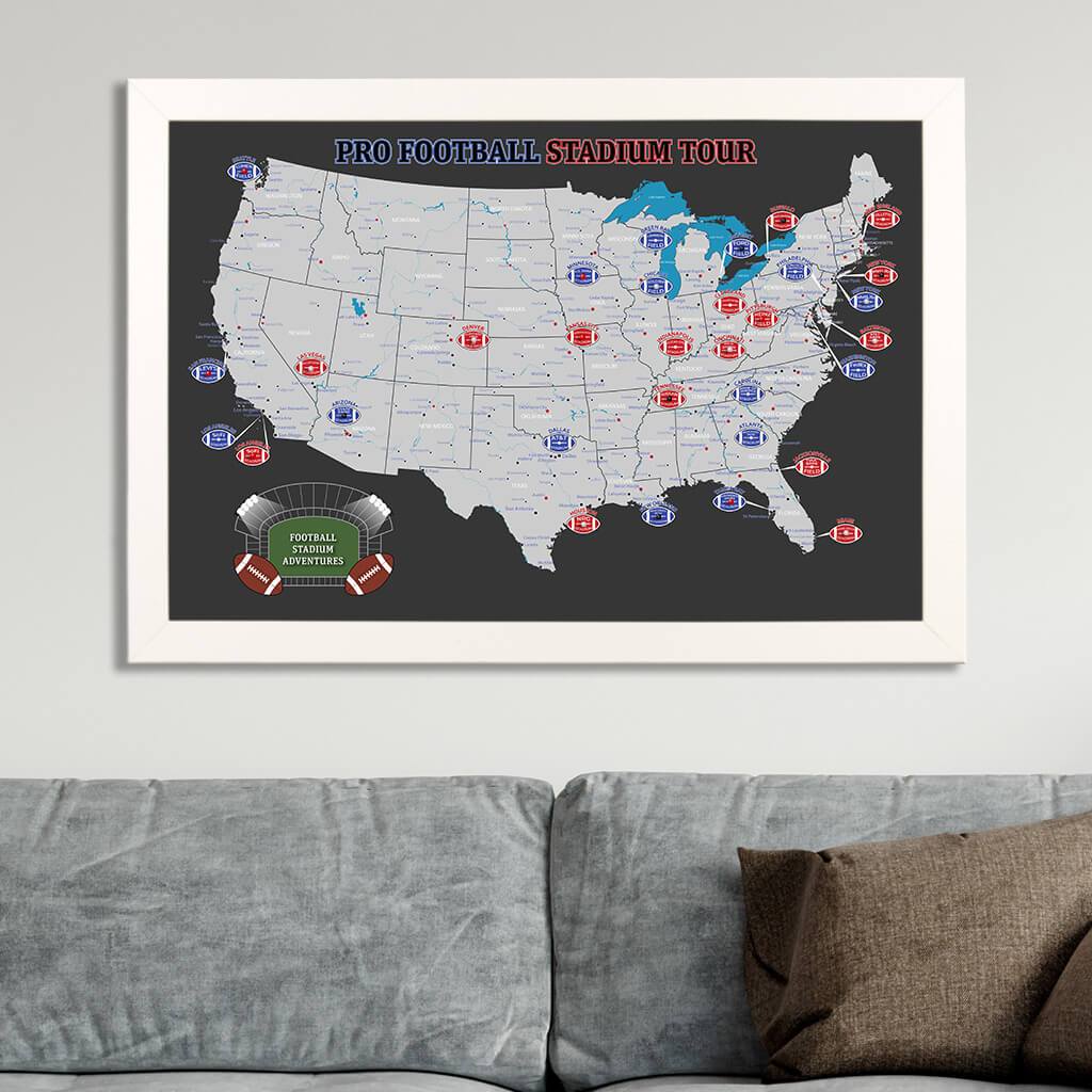 Black and Gray Canvas Map Print of Football Stadiums in Textured White Frame