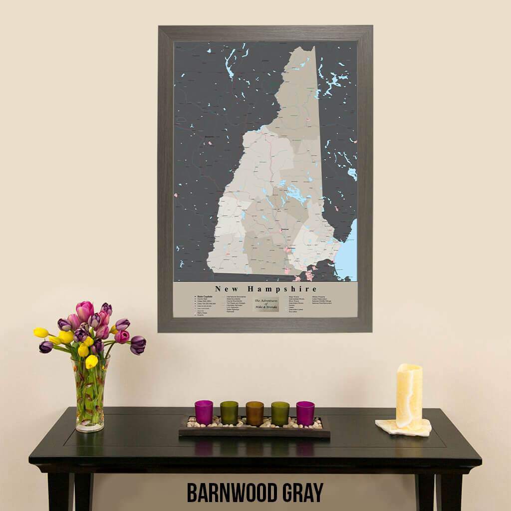 Earth Toned New Hampshire State Travel Pin Map Barnwood Gray Frame