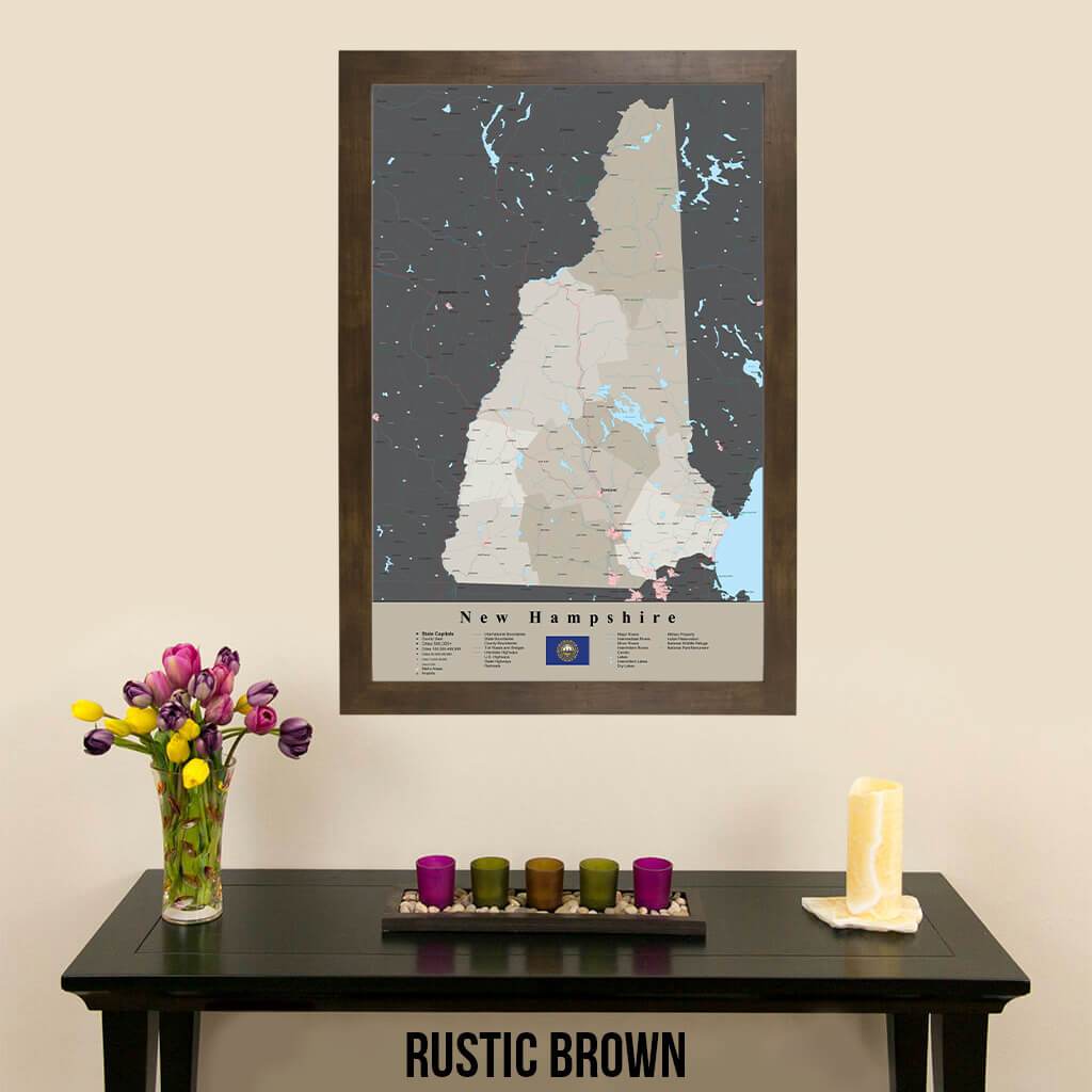 Earth Toned New Hampshire State Travel Pin Map Rustic Brown Frame