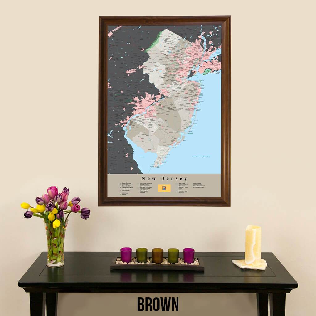 Earth Toned New Jersey State Travelers Map with Pins Brown Frame