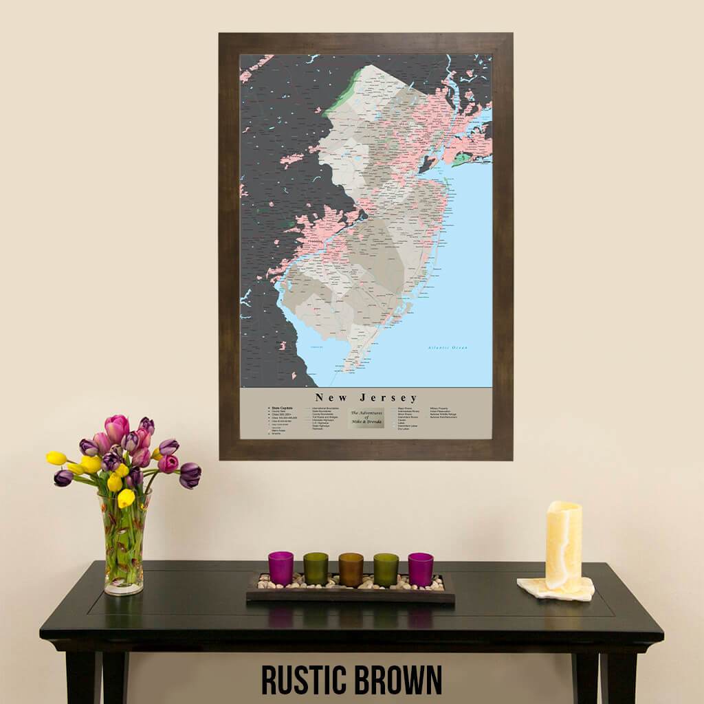 Earth Toned New Jersey State Travelers Map with Pins Rustic Brown Frame