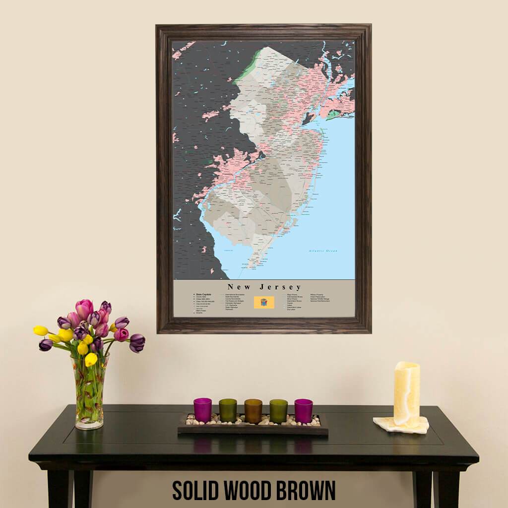 Earth Toned New Jersey State Travelers Map with Pins Solid Wood Brown Frame