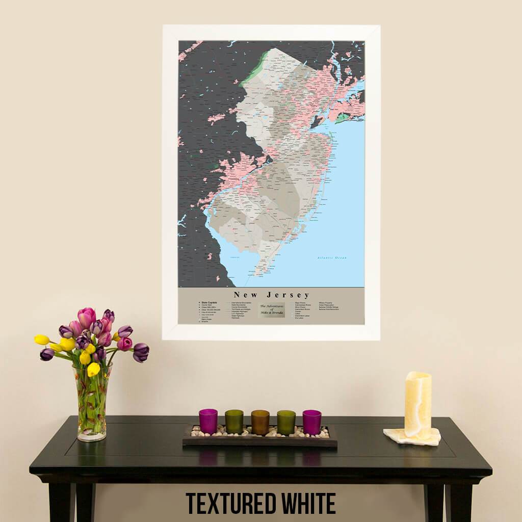 Earth Toned New Jersey State Travelers Map with Pins Textured White Frame