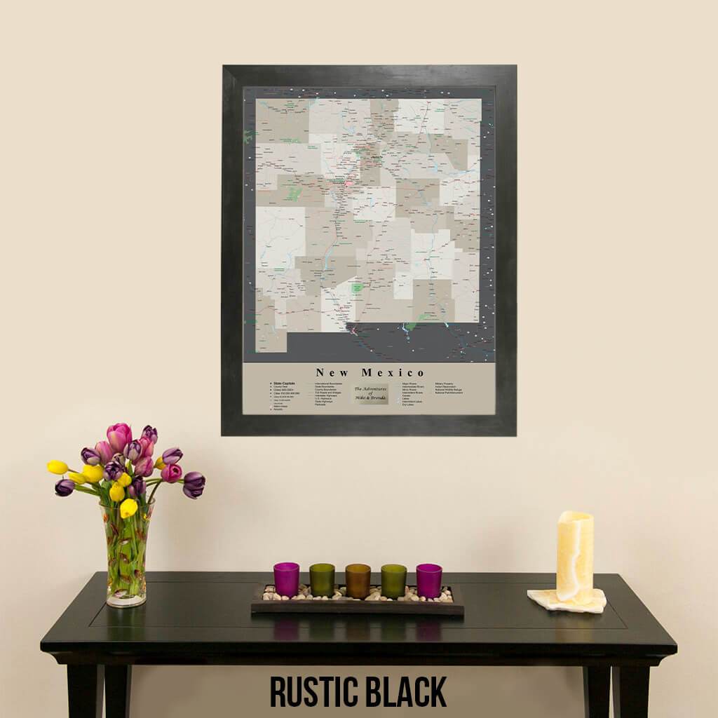 Earth Toned New Mexico Framed Travel Map Rustic Black Frame