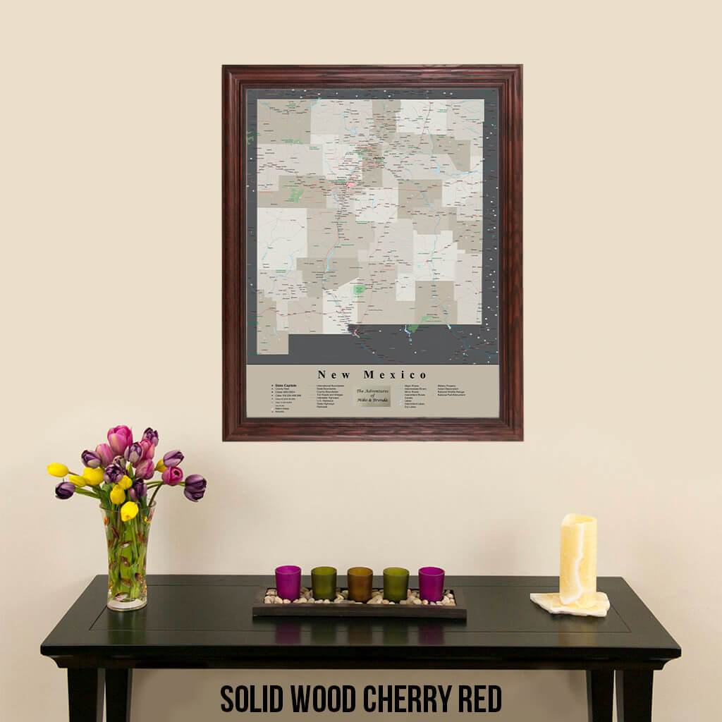 Earth Toned New Mexico Framed Travel Map Solid Wood Cherry Frame
