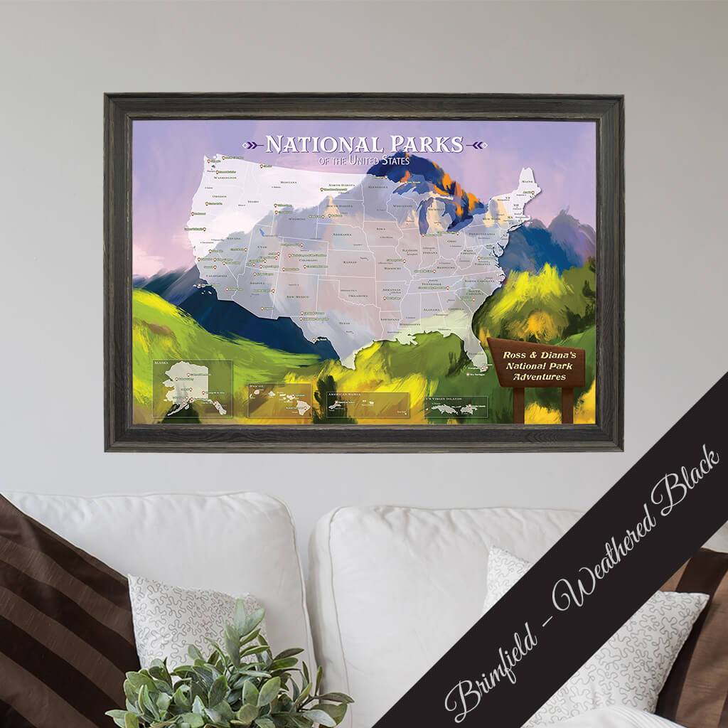 Canvas National Parks Watercolor Travel Map - Premium Brimfield Black Frame
