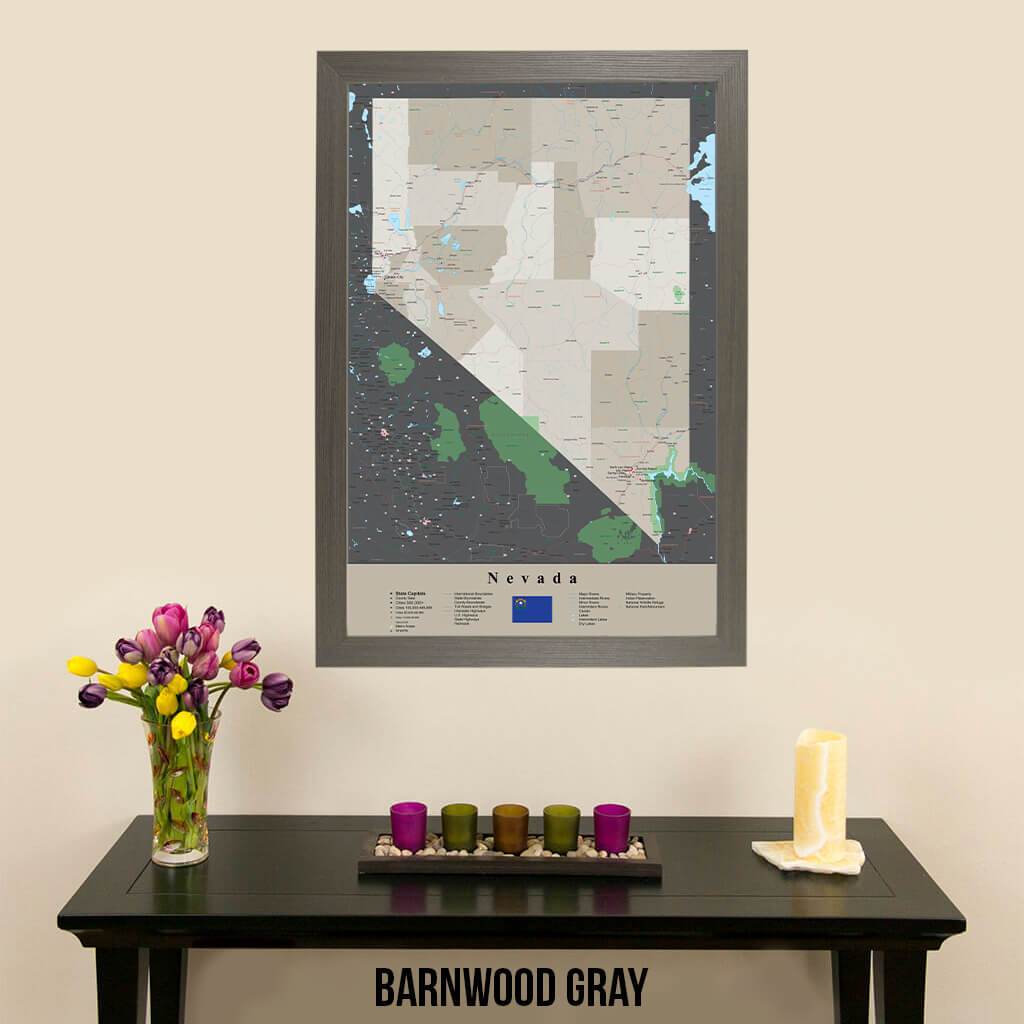 Earth Toned Nevada State Travel Map Barnwood Gray Frame