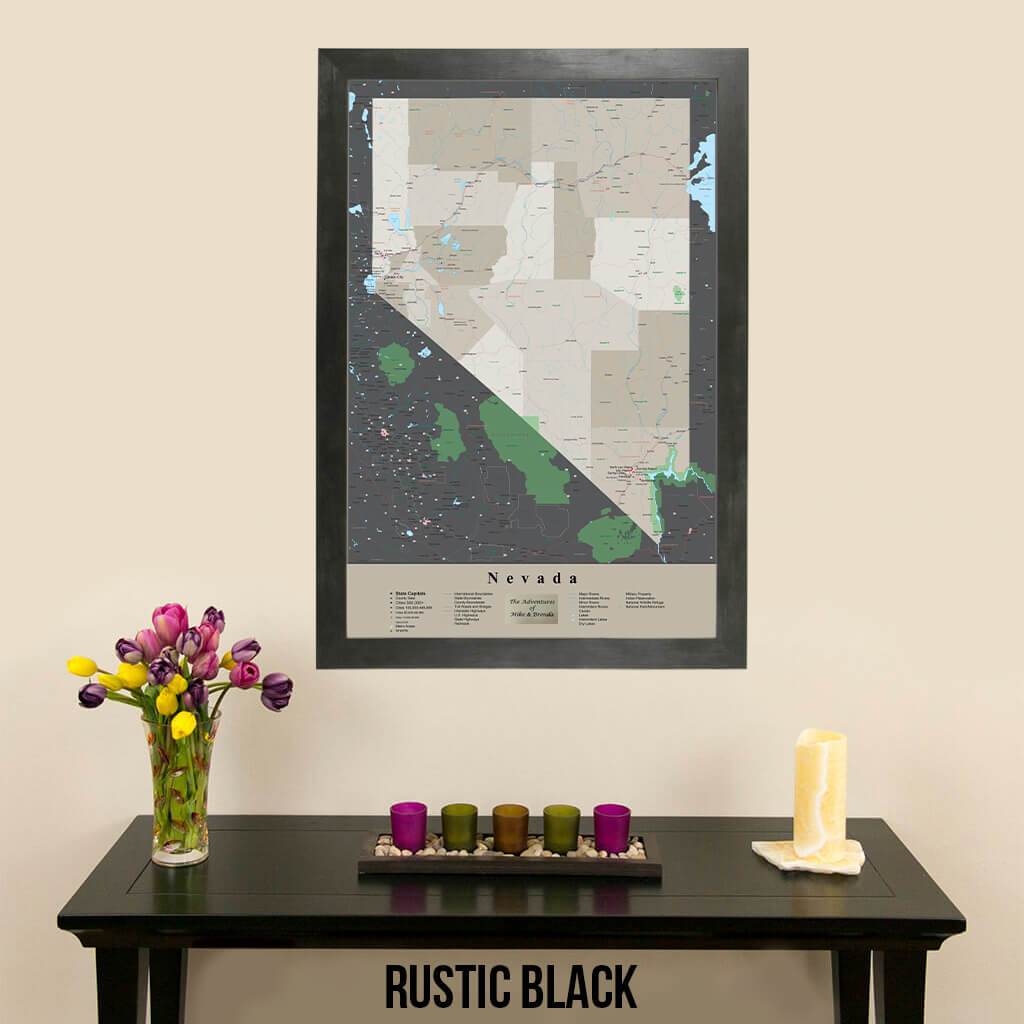Earth Toned Nevada State Travel Map Rustic Black Frame