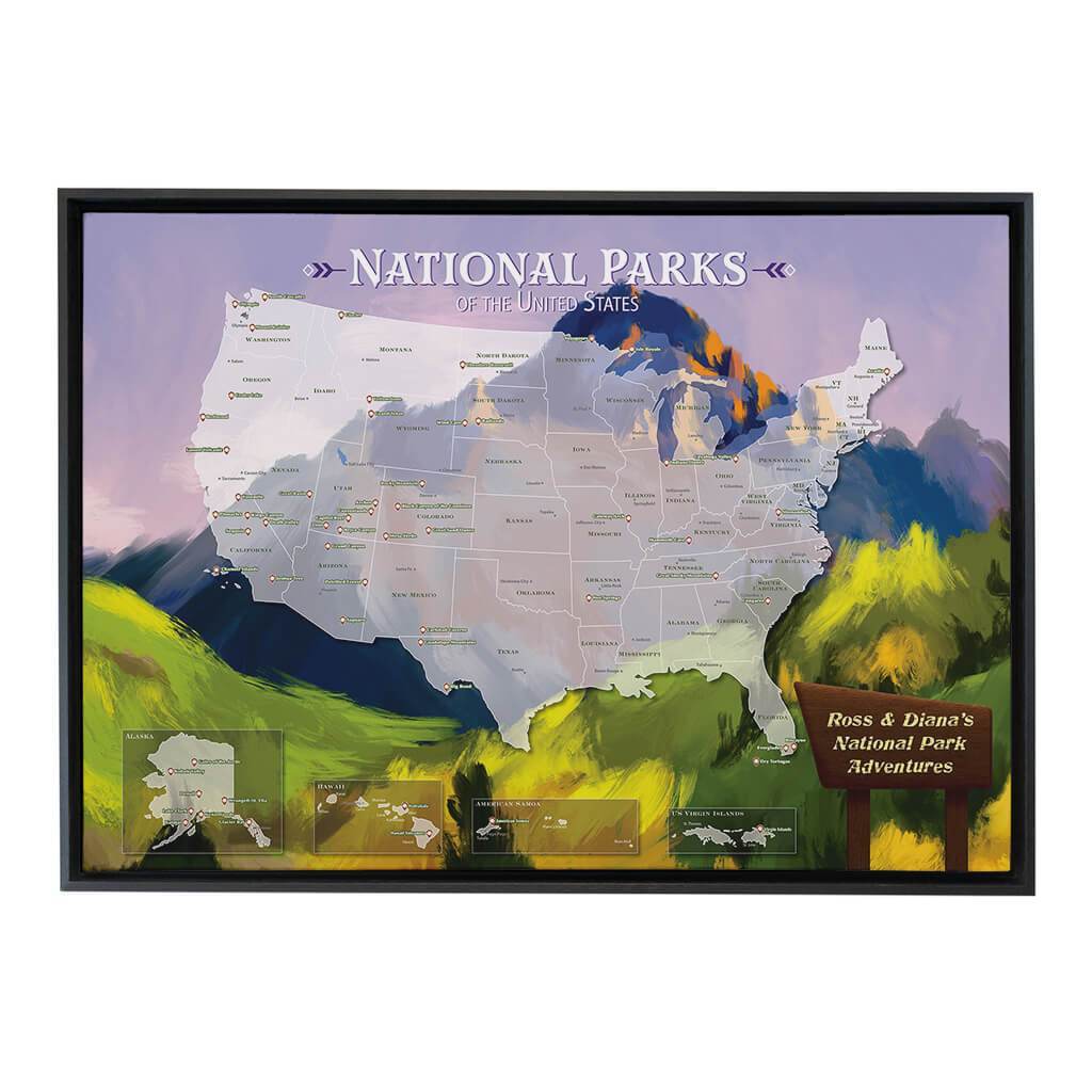  Gallery Wrapped Watercolor National Parks Map in Black Float Frame