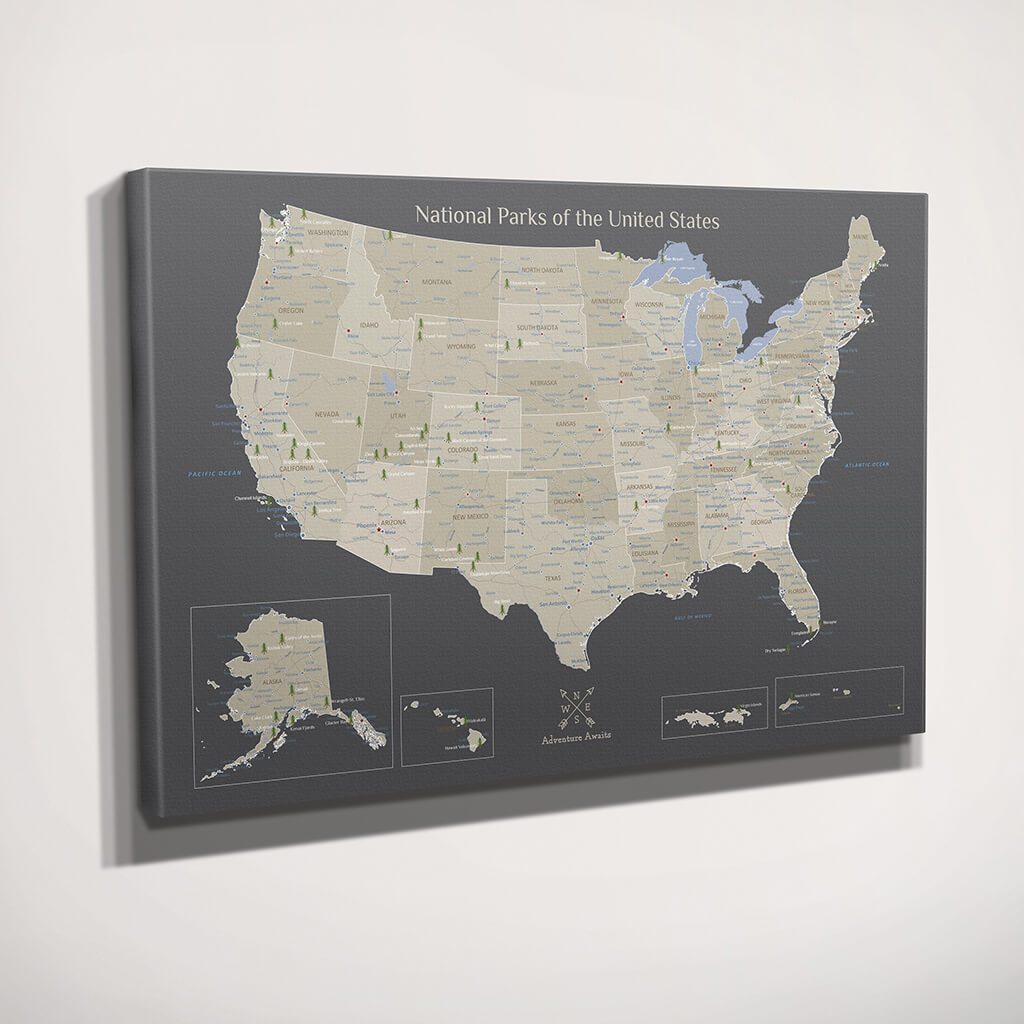 Gallery Wrapped Canvas Earth Toned USA National Parks Map Side View