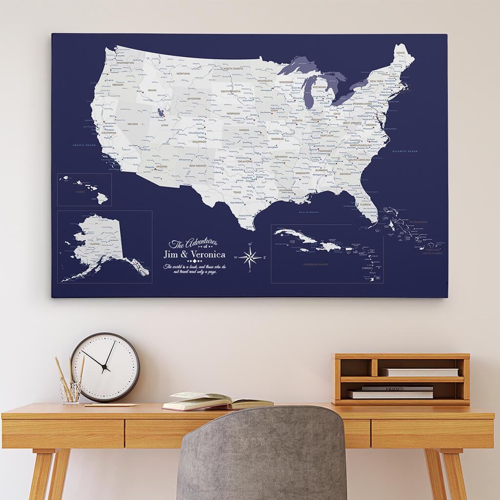 30x45 Gallery Wrapped Canvas Navy Explorers USA &amp; Caribbean Map