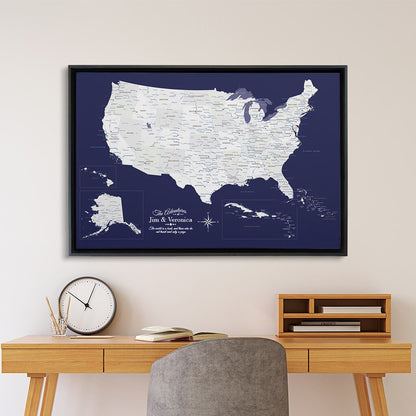 Black Float Frame - 24x36 Gallery Wrapped Canvas Navy Explorers USA & Caribbean Map