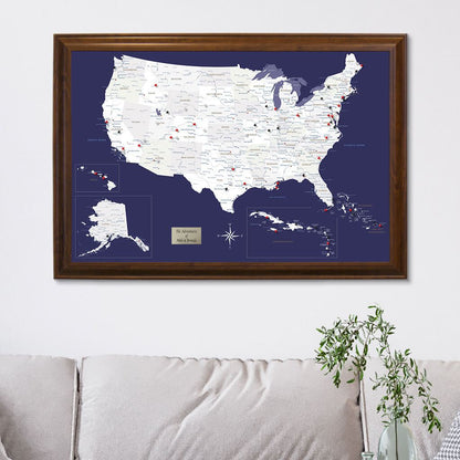 Navy Explorers US Caribbean Travel Map in Brown Frame